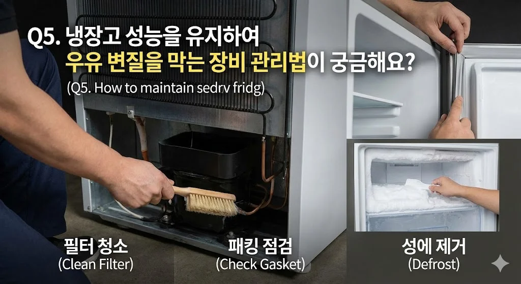 필터 청소, 패킹 점검, 성에 제거 등 냉장고 성능을 유지하기 위한 전문적인 관리 방법을 보여줍니다.