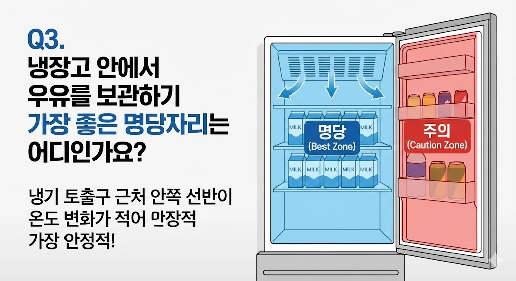 냉기 토출구 근처의 안쪽 선반이 최적의 보관 장소임을 일러스트로 명확하게 표시했습니다.