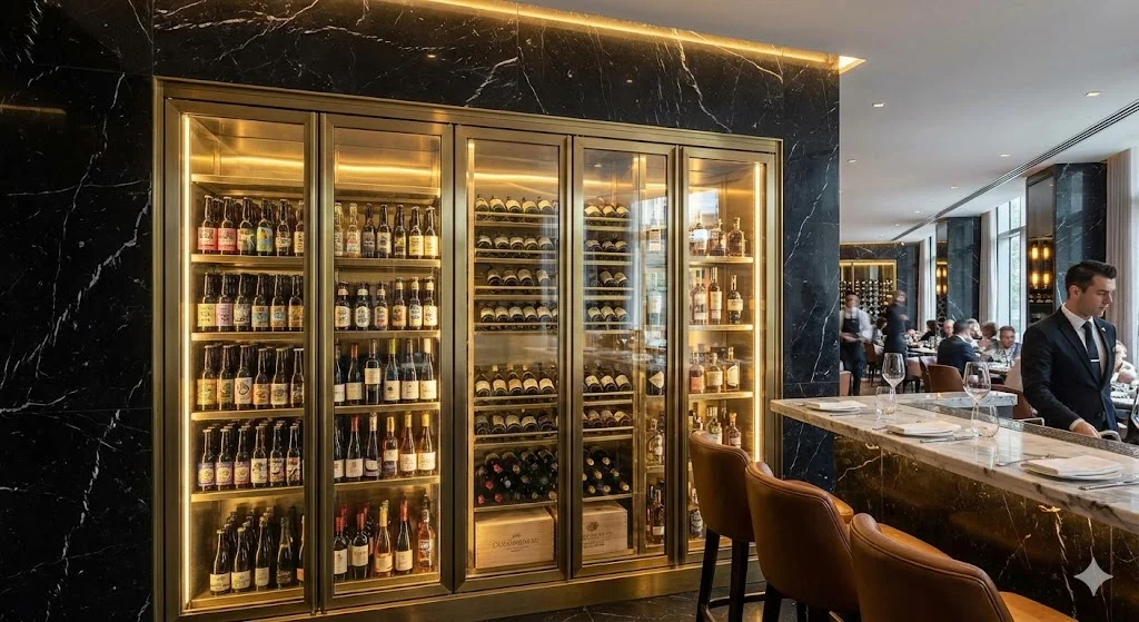 대리석 벽면에 매립된 럭셔리 커스텀 음료 냉장고