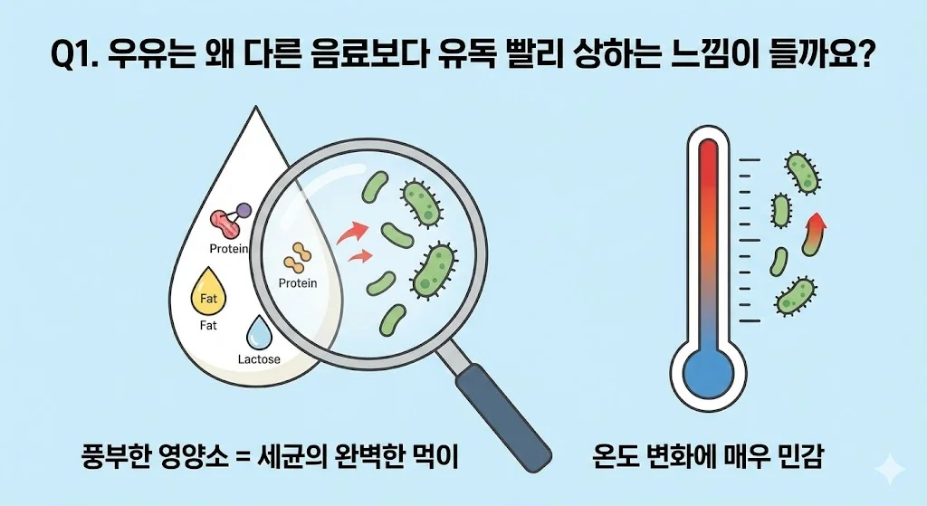 우유의 풍부한 영양소와 온도 민감성이 세균 번식의 원인임을 알기 쉽게 설명하는 인포그래픽입니다.