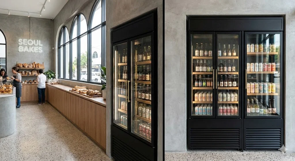 모던한 베이커리 인테리어에 완벽히 조화된 맞춤형 음료냉장고 전경