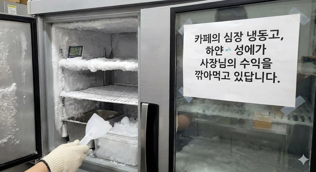 카페 냉동고 성에 제거 모습과 수익 손실 경고 문구