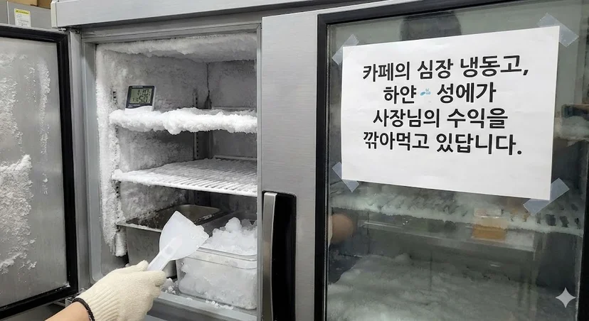 카페 냉동고 성에 제거 모습과 수익 손실 경고 문구