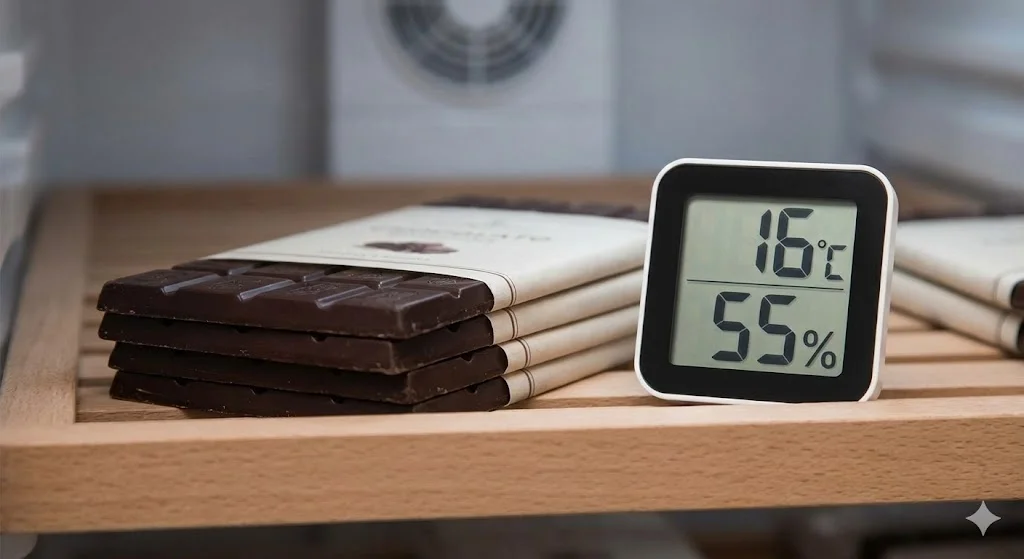 적정 온습도(16°C, 55%)가 표시된 온습도계와 초콜릿을 함께 배치한 이미지입니다.