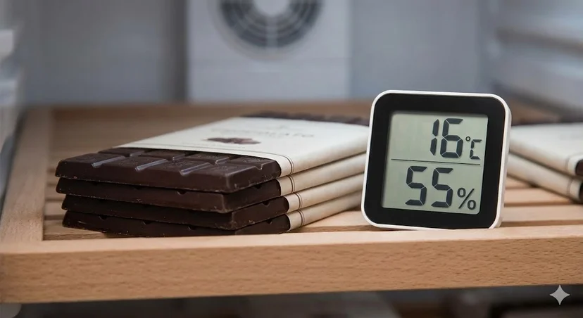 적정 온습도(16°C, 55%)가 표시된 온습도계와 초콜릿을 함께 배치한 이미지입니다.