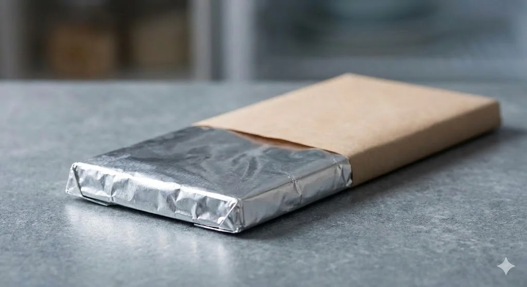 꼼꼼하게 포장되어 외부 환경으로부터 보호받는 초콜릿의 모습을 표현한 이미지입니다.