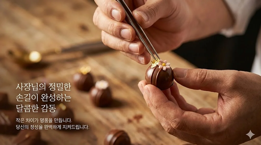 쇼콜라티에의 섬세한 작업 과정을 담아 장인 정신과 정성을 감성적으로 표현한 이미지입니다.
