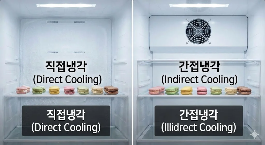 성에가 끼는 직접냉각 방식과 균일한 냉기를 순환시키는 간접냉각 방식의 차이를 비교합니다.
