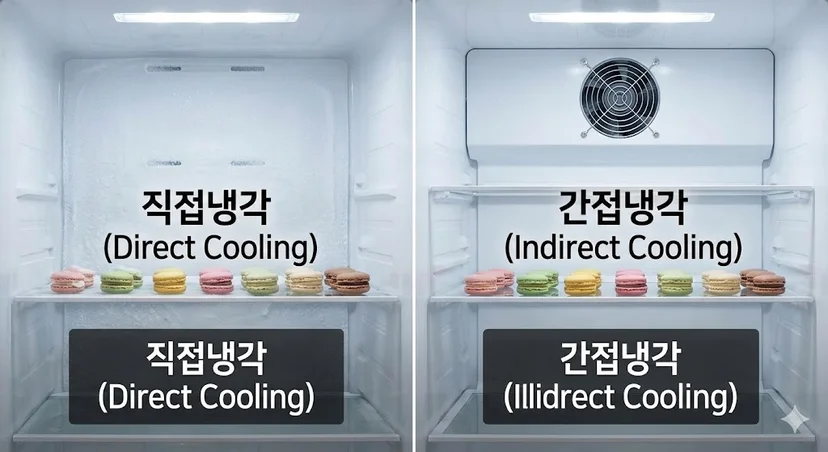 성에가 끼는 직접냉각 방식과 균일한 냉기를 순환시키는 간접냉각 방식의 차이를 비교합니다.