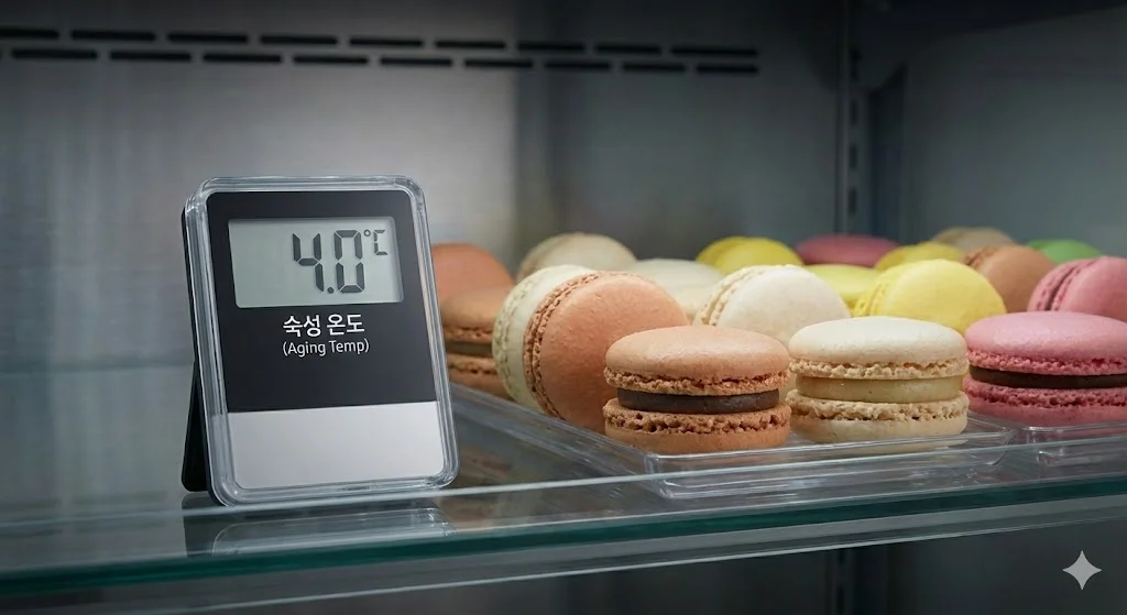 디지털 온도계로 정확한 숙성 온도를 유지하는 냉장고 내부를 보여줍니다.