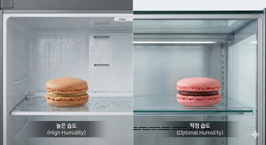 높은 습도로 인해 눅눅해진 꼬끄와 적정 습도에서 완벽한 꼬끄를 비교하여 보여줍니다.