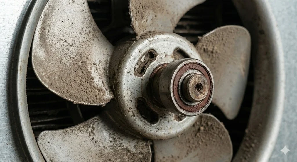 먼지가 쌓여 소음을 유발하는 냉장고 내부 팬 모터의 근접 사진