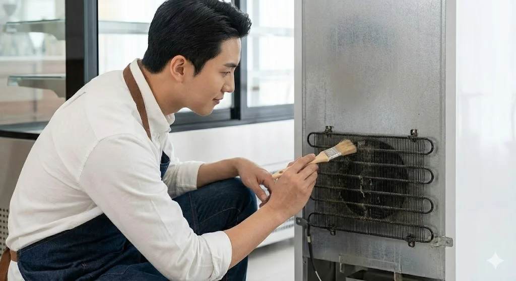 사장님이 직접 팬 모터 주변의 이물질을 제거하고 확인하는 모습