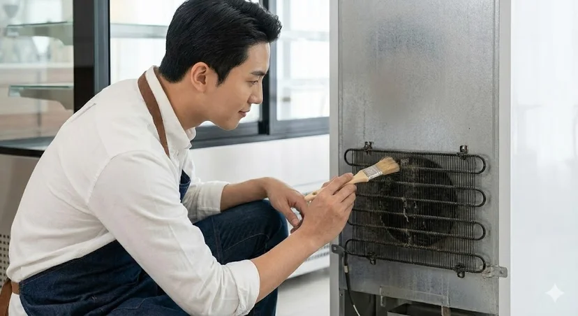 사장님이 직접 팬 모터 주변의 이물질을 제거하고 확인하는 모습