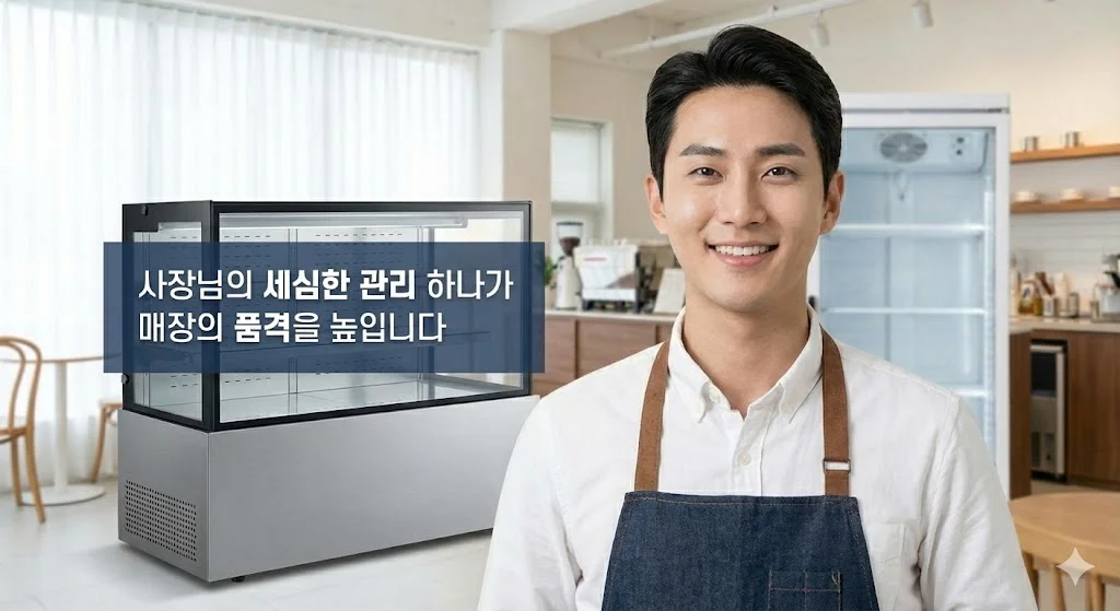 소음 없이 깨끗하게 관리된 쇼케이스 냉장고와 쾌적한 매장 전경