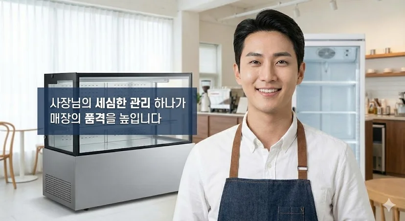 소음 없이 깨끗하게 관리된 쇼케이스 냉장고와 쾌적한 매장 전경