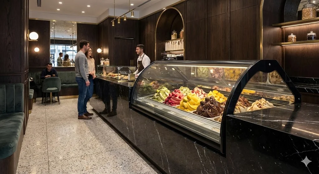 럭셔리 젤라또 매장에 설치된 블랙 티타늄 마감 아이스크림쇼케이스