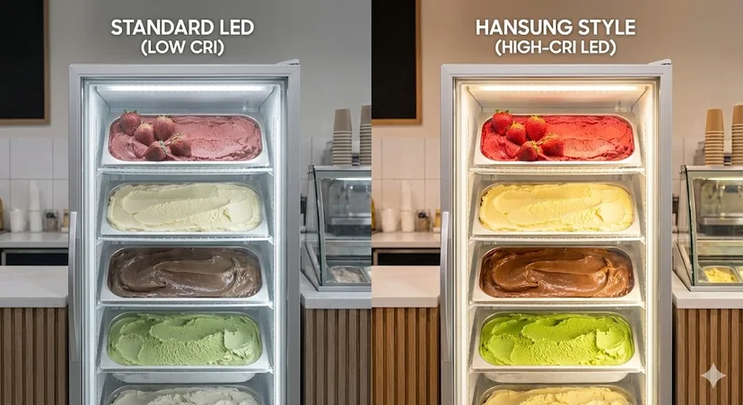 일반 LED와 고연색 LED 하에서의 아이스크림 시각적 비교