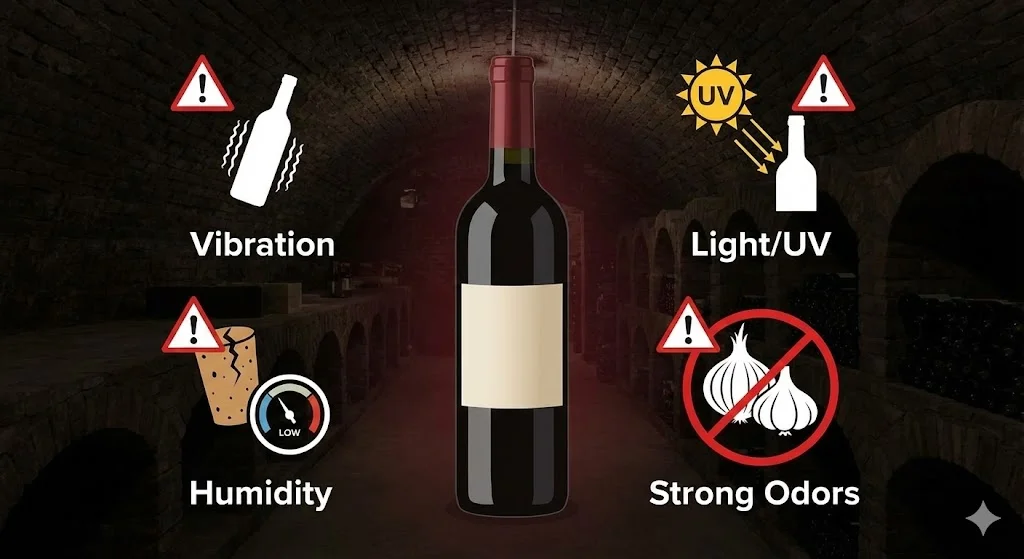 온도 외에 와인 품질을 위협하는 진동, 빛, 습도, 냄새 요소를 아이콘으로 경고했습니다.