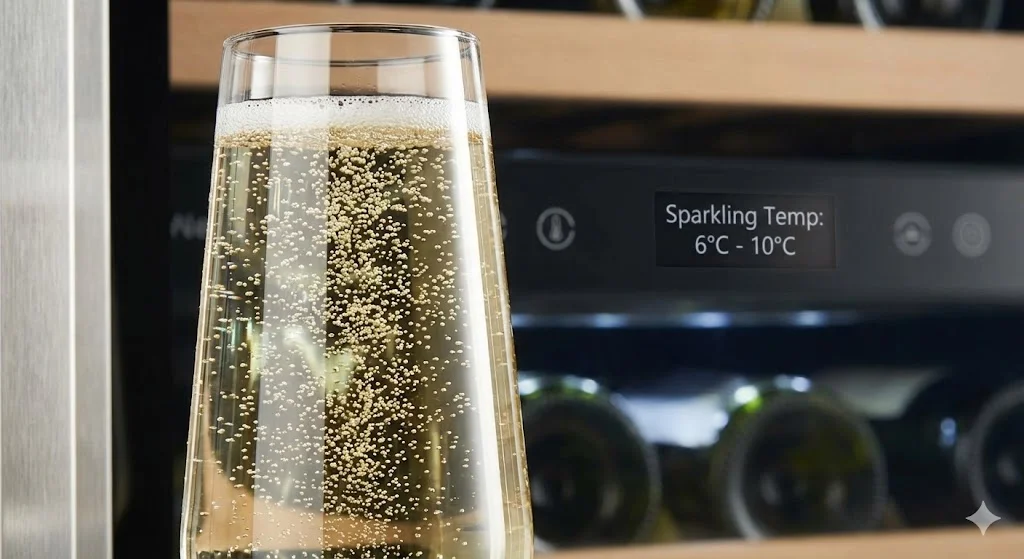 스파클링 와인의 최적 온도(6°C~10°C)와 활기찬 기포를 강조했습니다.