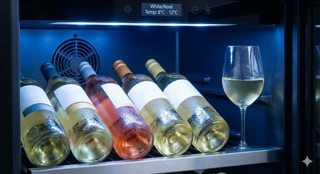 화이트/로제 와인의 최적 온도(8°C~12°C)와 차갑고 신선한 느낌을 표현했습니다.