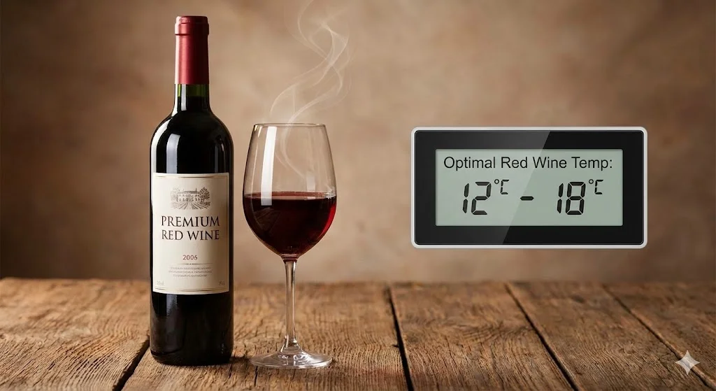 레드 와인의 최적 온도(12°C~18°C)와 그로 인해 풍부해지는 아로마를 시각화했습니다.