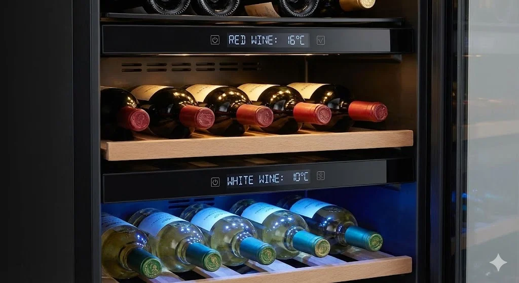 레드와 화이트 와인을 서로 다른 온도 구역에 보관해야 함을 듀얼 존 셀러로 명확히 보여줍니다.