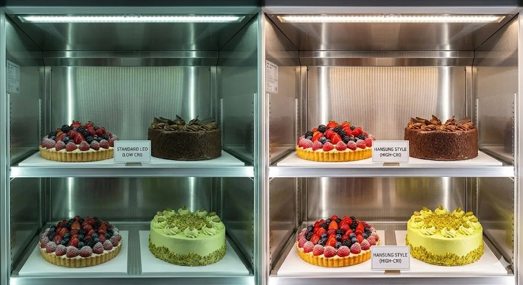 일반 LED와 프리미엄 고연색 LED의 식재료 연출 차이
