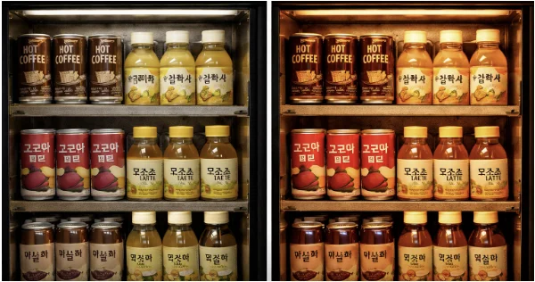 일반 LED와 고연색성 연출 조명 아래 음료 제품의 색감 비교.