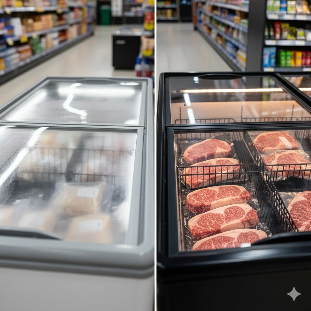 성에 낀 일반 냉동고와 투명한 열선 유리 평대냉동고의 비교 샷.