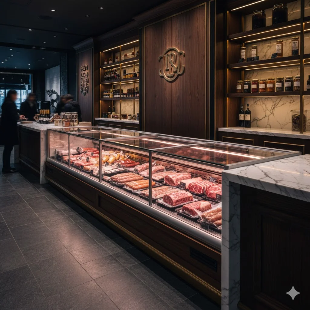 고급 마감재와 조화를 이루는 매립형 평대냉동고 인테리어 전경.