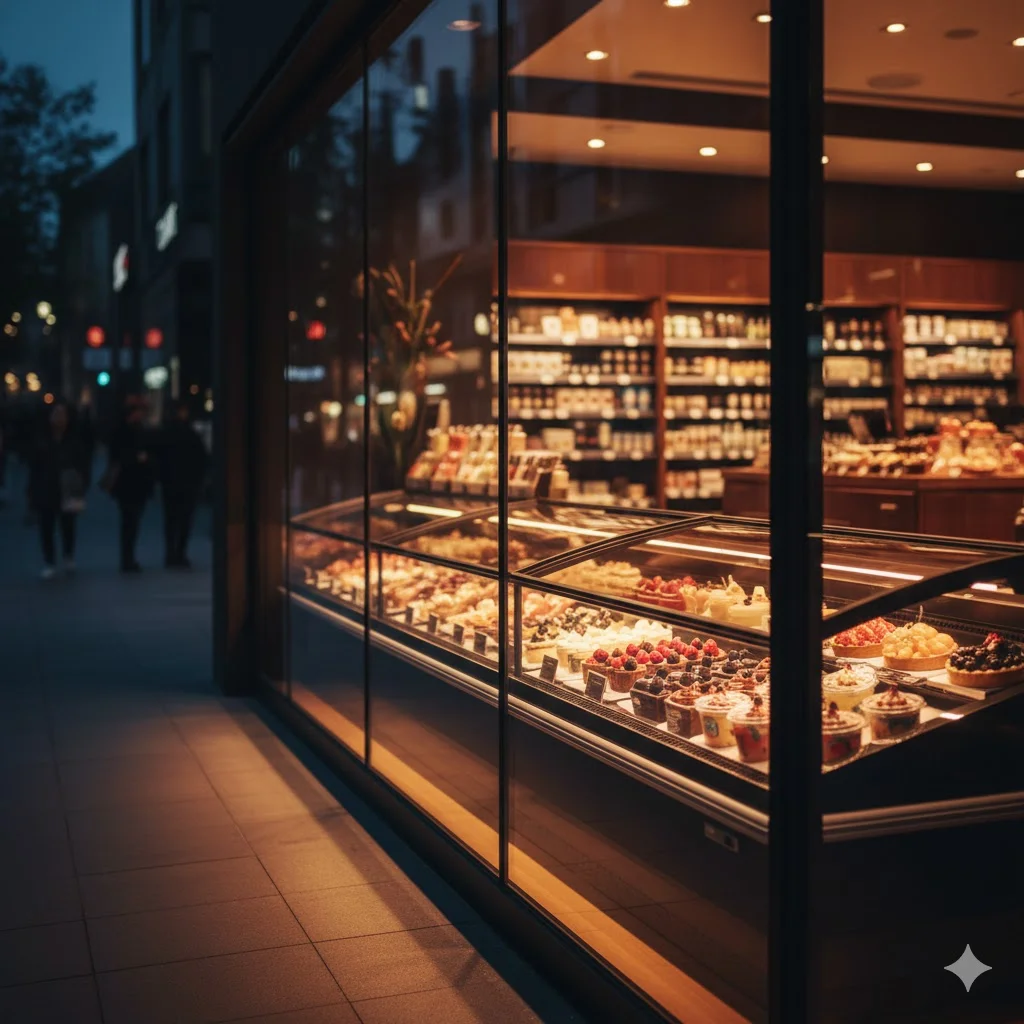 야간 매장 밖에서 본 따뜻한 조명의 평대냉동고가 강조된 풍경.