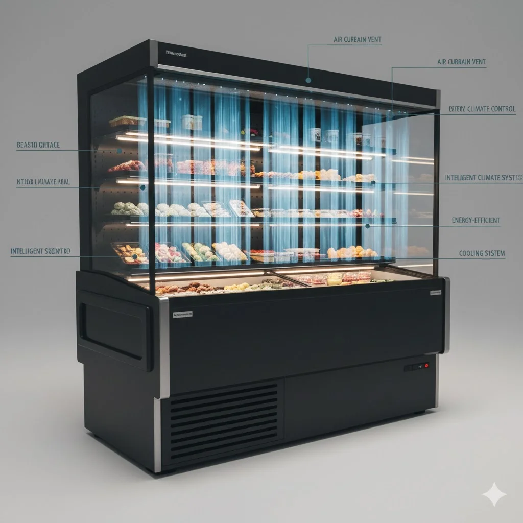 오픈다단쇼케이스의 에어커튼 공기 흐름을 시각화한 기술적 이미지