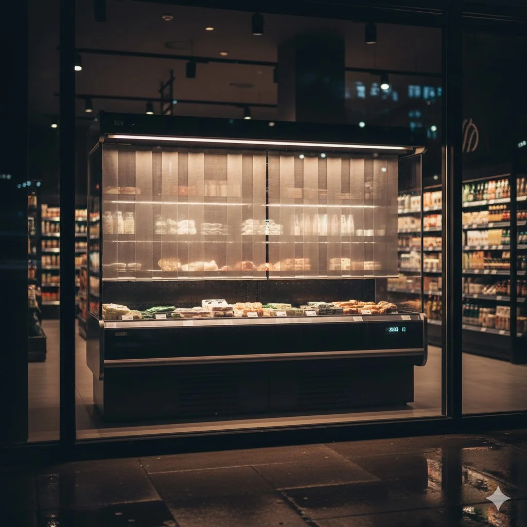 에너지 절감을 위해 나이트 커튼이 내려진 오픈다단쇼케이스의 세부 모습.