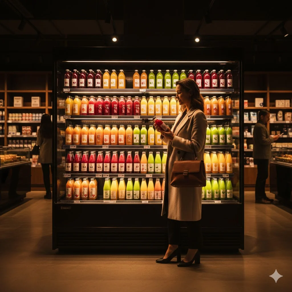 쇼케이스에 진열된 음료를 보고 있는 고객의 시각적 경험 이미지.