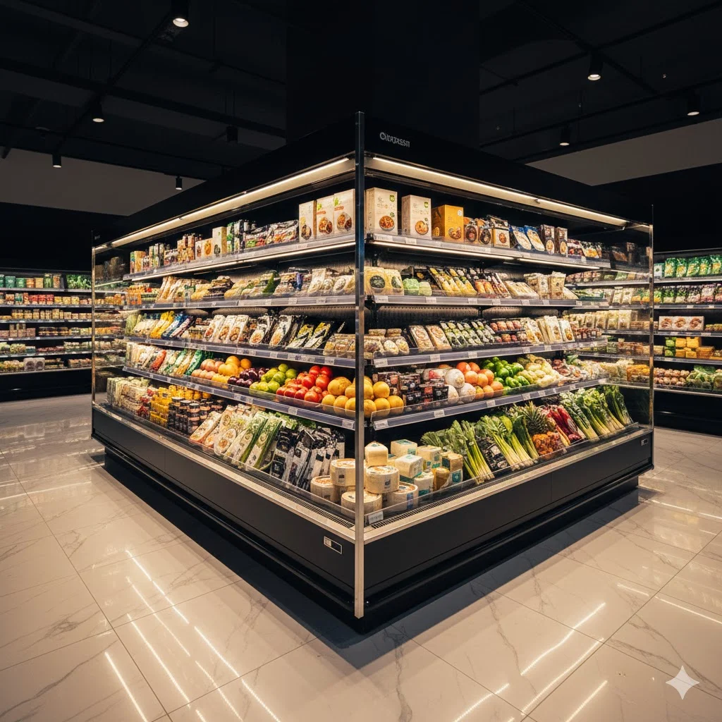 럭셔리 유기농 마켓에 설치된 고급스러운 블랙 티타늄 오픈다단쇼케이스 썸네일.