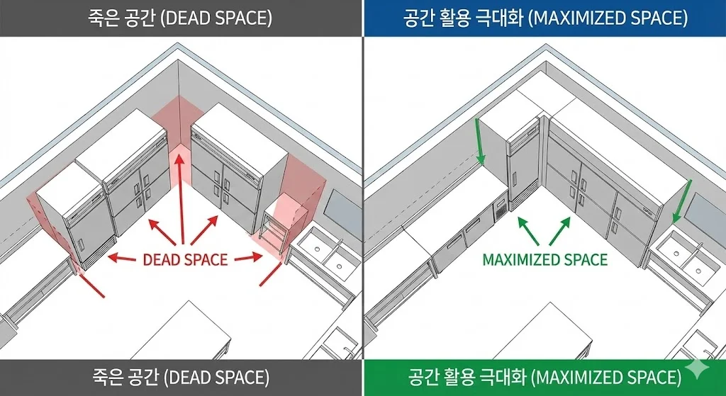 독립형 냉장고 사이의 낭비되는 죽은 공간과 맞춤형 일체형 냉장고의 효율적인 공간 활용 비교 도면