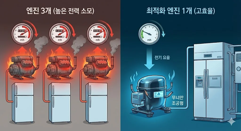 세 개의 개별 냉장고 엔진과 하나의 최적화된 중앙 엔진의 전력 소모 및 발열 차이를 보여주는 시각적 비유
