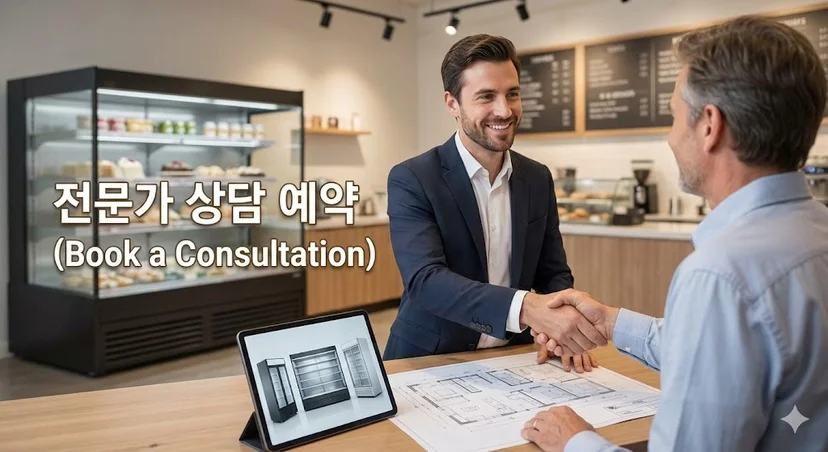 매장 점주와 냉장고 전문 컨설턴트가 웃으며 악수하고 상담하는 모습, 배경에는 세련된 매장 인테리어