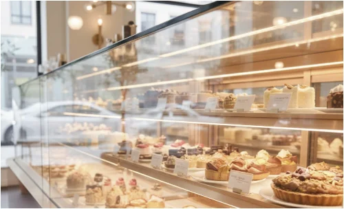 습한 환경에서도 결로 없이 깨끗한 골드쇼케이스 유리창 상세 이미지.