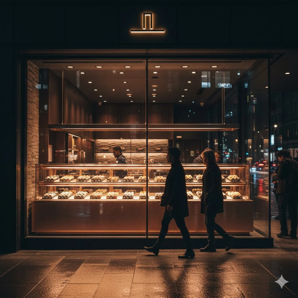 야간에도 화려한 조명으로 시선을 사로잡는 매장 밖 쇼케이스 전경.