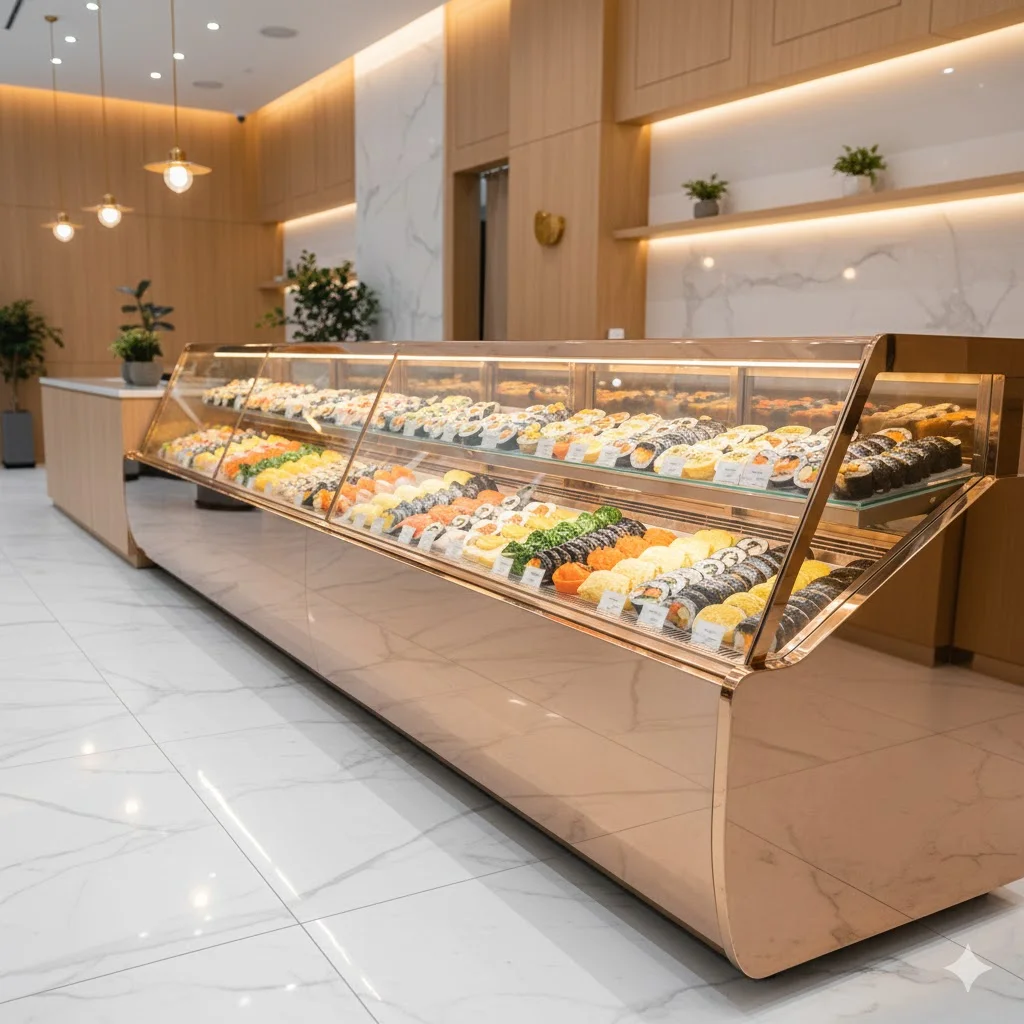 고급 인테리어와 조화를 이루는 로즈골드 마감의 하이엔드 김밥냉장고 썸네일.