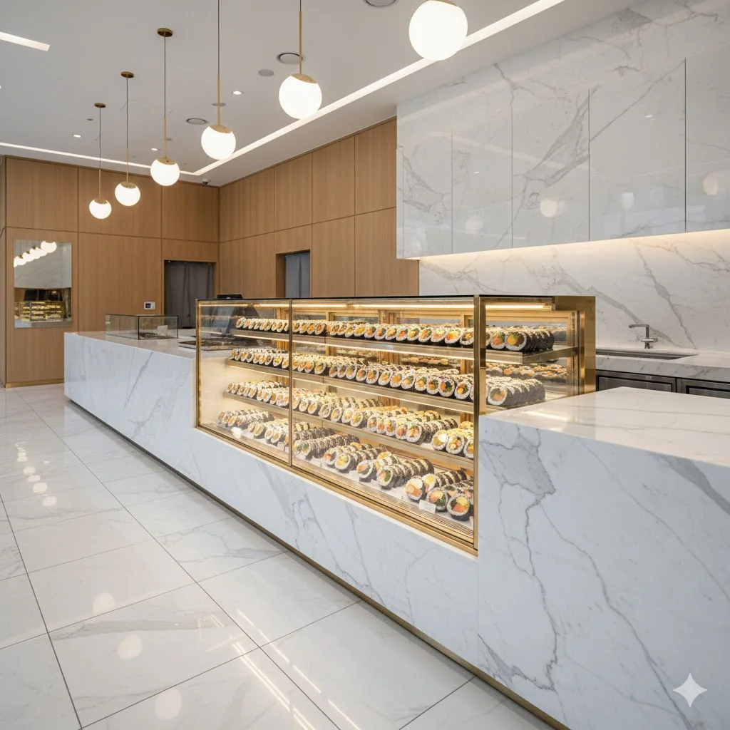 화이트 마블 카운터에 매립된 샴페인 골드 프레임의 김밥 전용 냉장고.