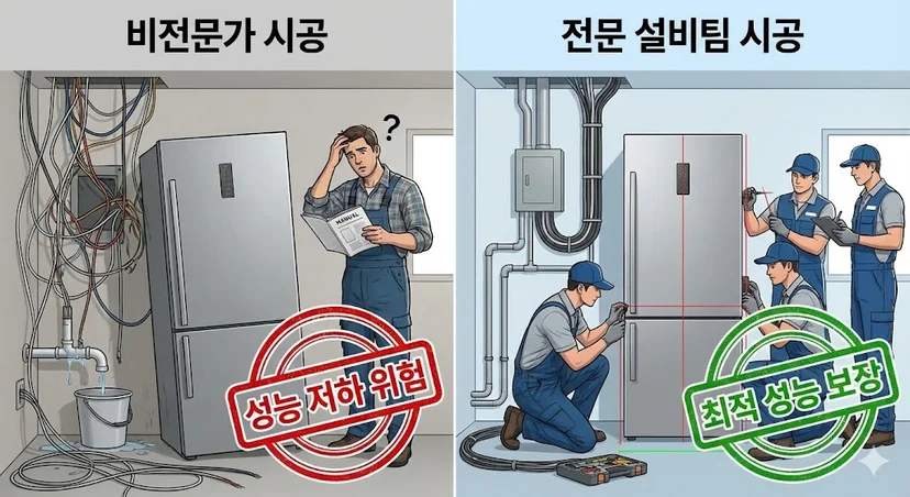 비전문가 시공과 전문 설비팀 시공의 냉장고 설치 비교 인포그래픽