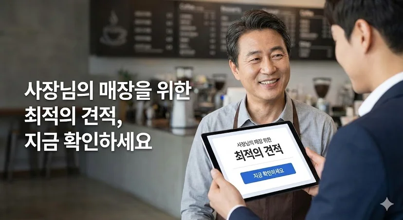 매장 점주에게 태블릿으로 최적의 견적을 보여주는 전문 컨설턴트