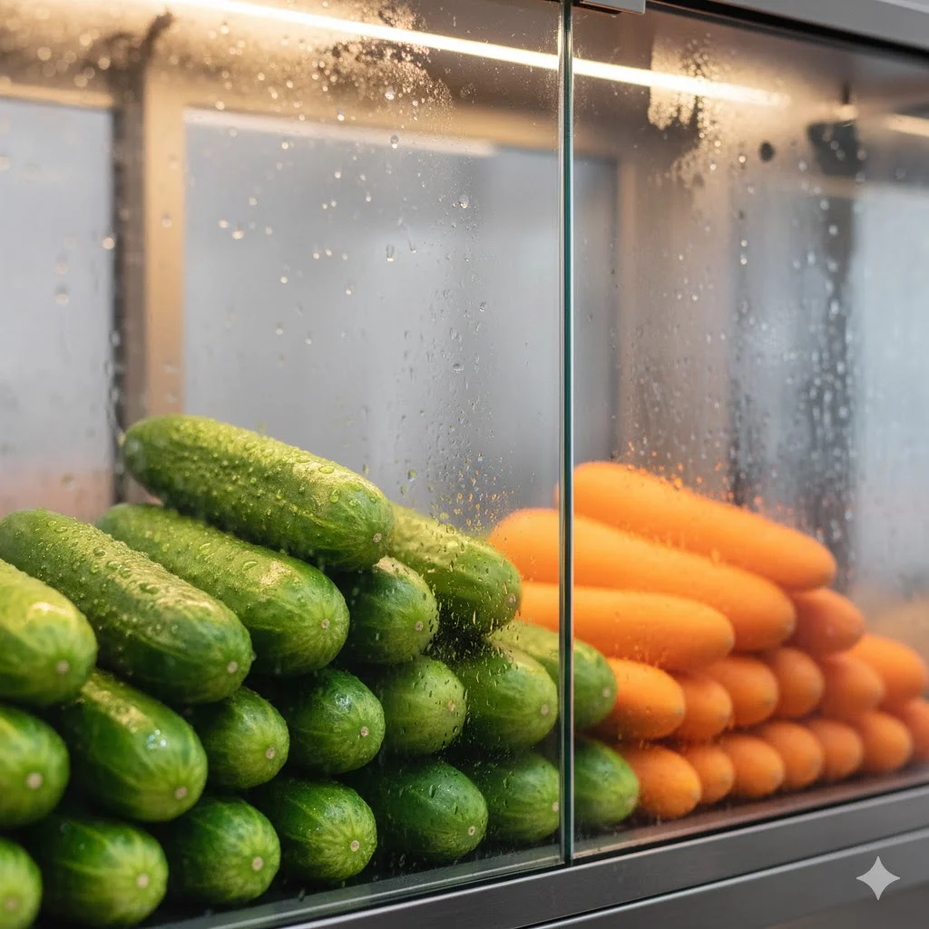 결로 방지 기술이 적용되어 투명함을 유지하는 쇼케이스 강화 유리 상세 사진.