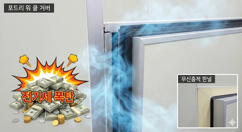 조립식 기성품 냉장고의 문 틈새로 냉기가 새어나가는 모습과 이로 인한 '전기세 폭탄'을 시각적으로 표현한 이미지.