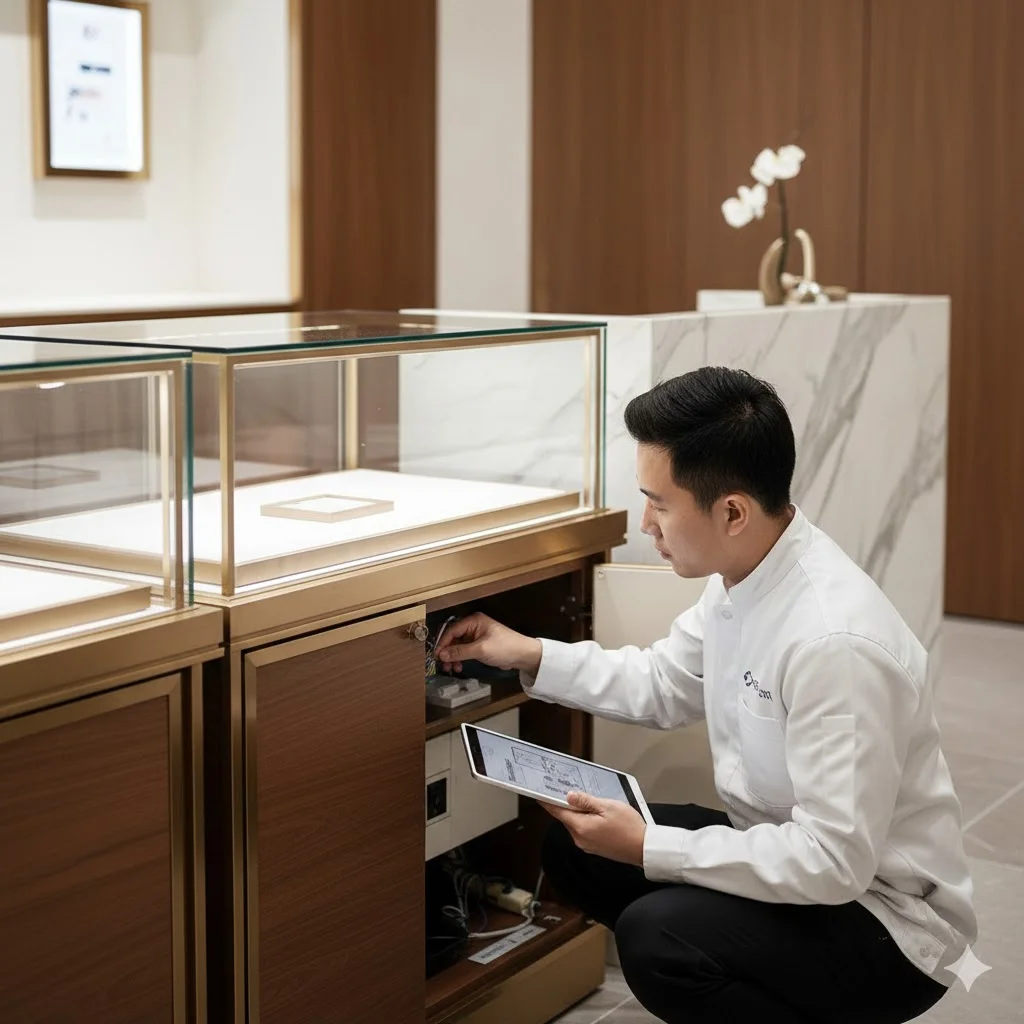 쇼케이스 내부 시스템을 점검 중인 전문 엔지니어의 모습.