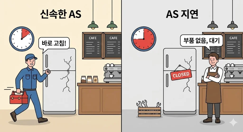 신속한 냉장고 AS와 부품 부족으로 지연되는 AS를 비교하는 인포그래픽