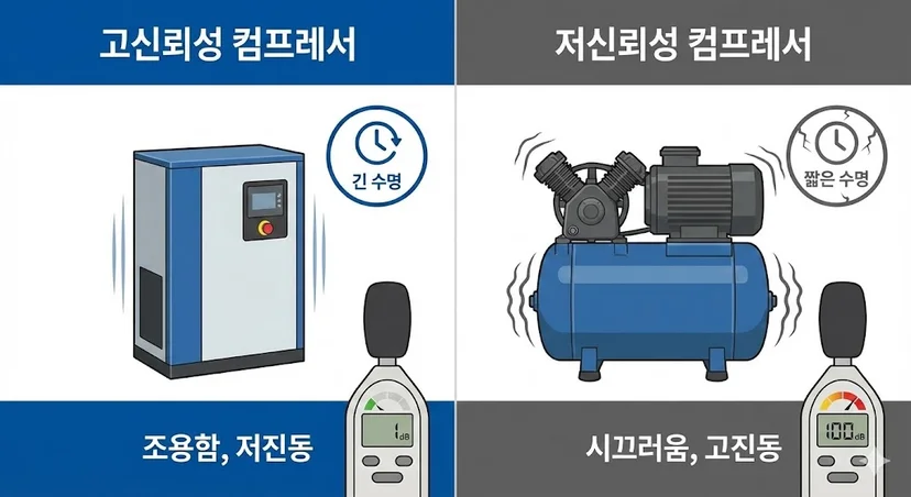 고신뢰성 컴프레서의 저소음, 저진동 특징과 저신뢰성 컴프레서의 문제점을 비교한 이미지